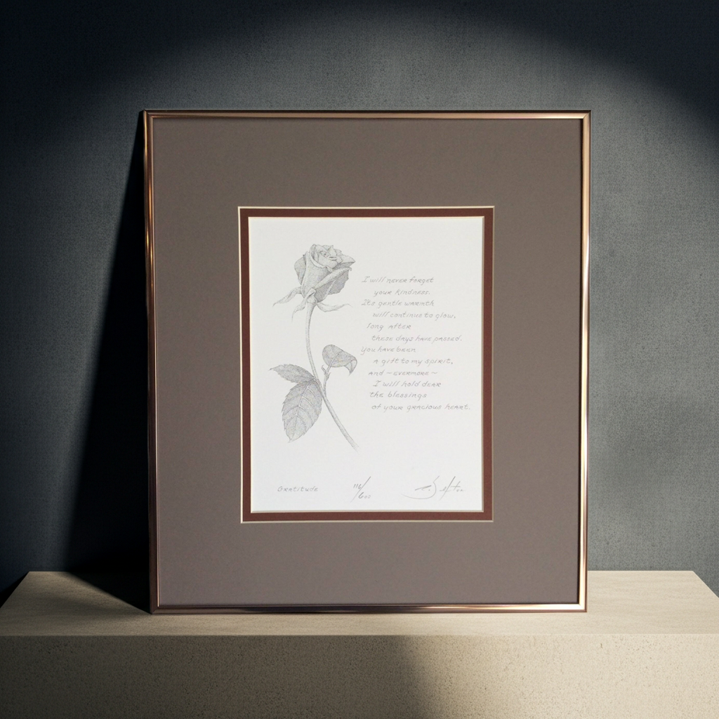 Framed artwork with a rose illustration and
poem on a dark surface