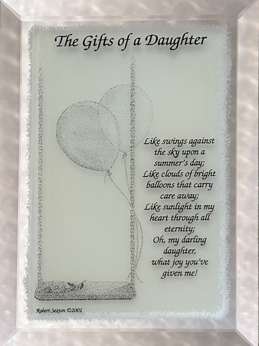 Decorative glass panel with a poem titled 'The Gifts of a Daughter' featuring a swing and balloons.