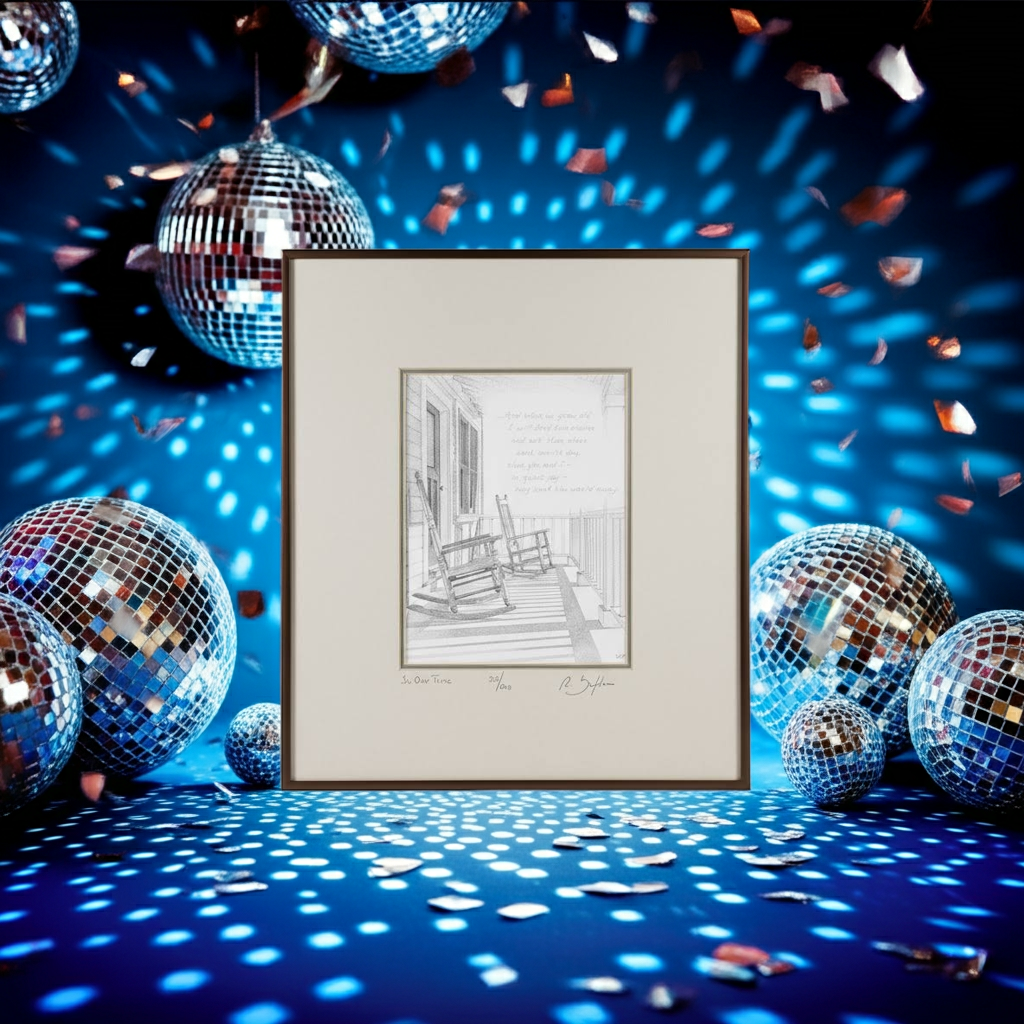 Framed black and white print of a porch scene with rocking chairs with disco balls and confetti on a blue background