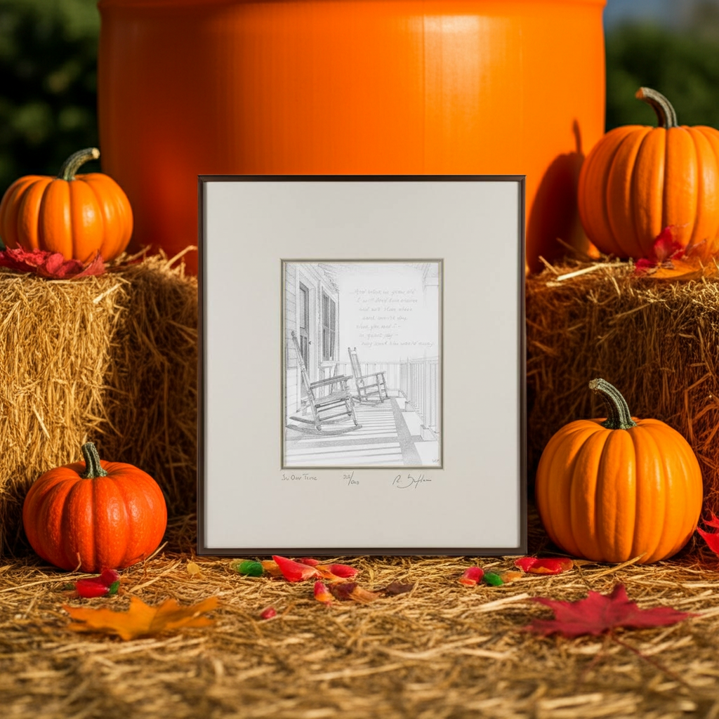 Framed artwork of rocking chairs on hay bales with pumpkins and autumn leaves