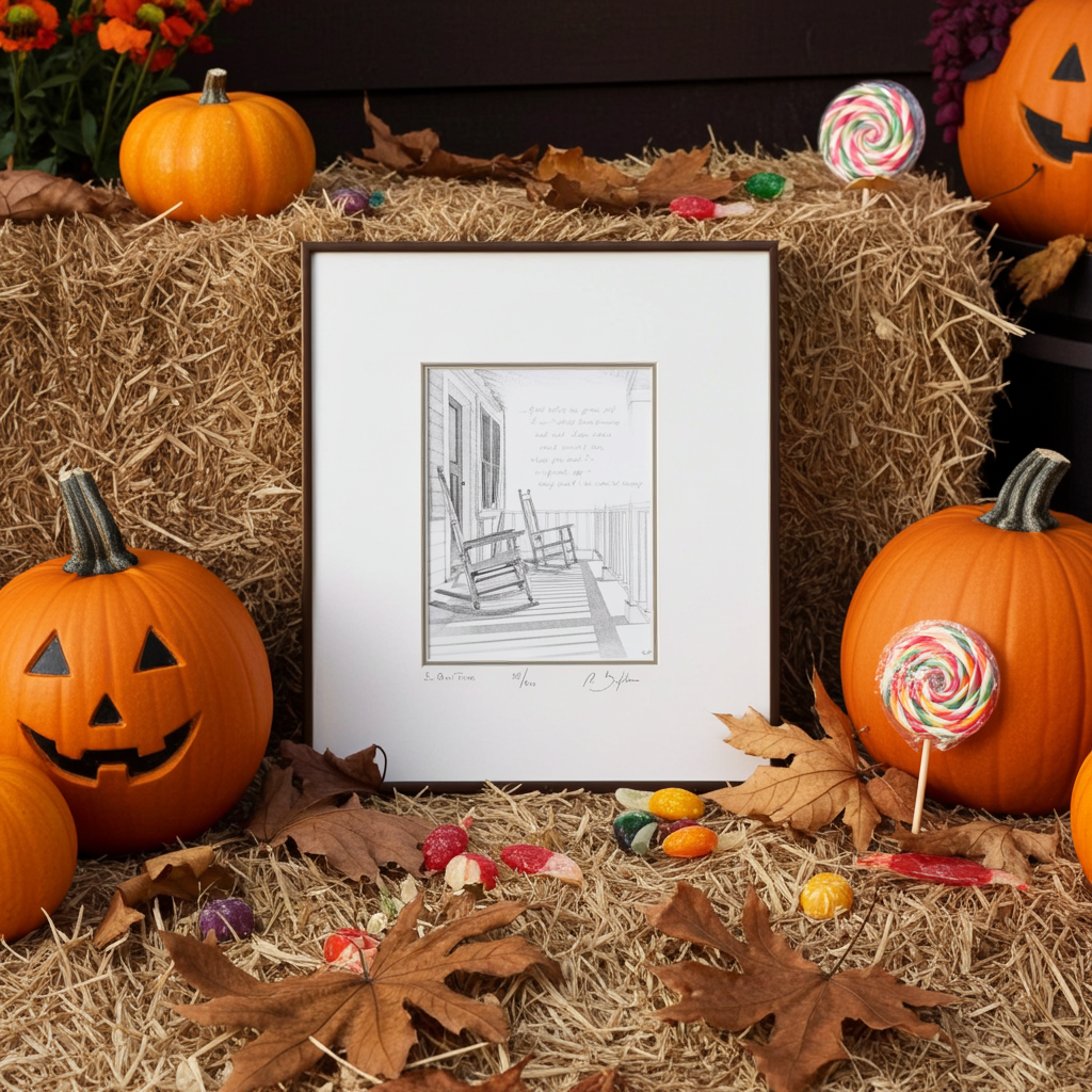 Framed black and white print of a porch scene with rocking chairs on a hay bale with Halloween decorations including pumpkins and candy.
