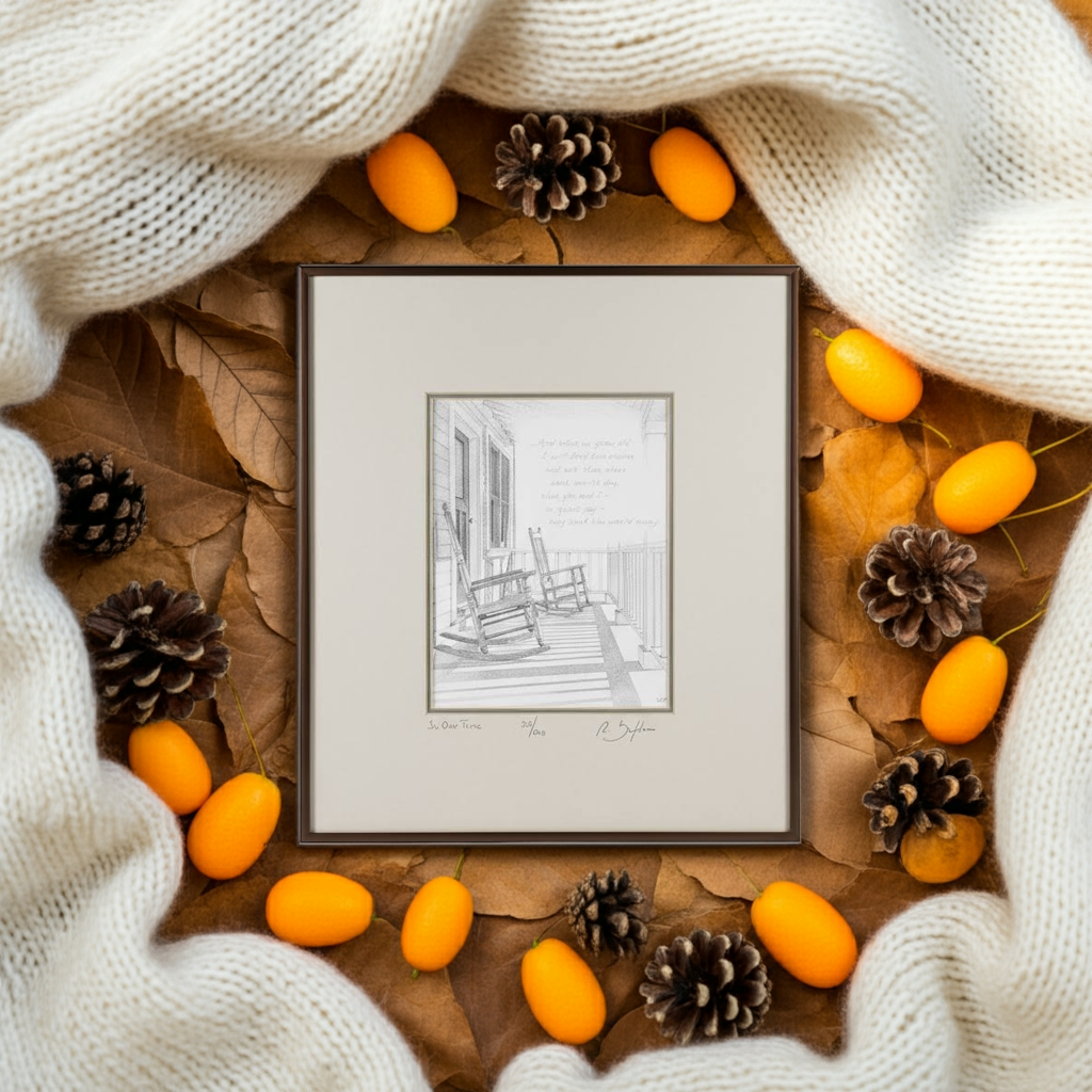 Framed black and white artwork of a porch scene with rocking chairs surrounded by autumn decorations including leaves, pine cones, and small pumpkins.