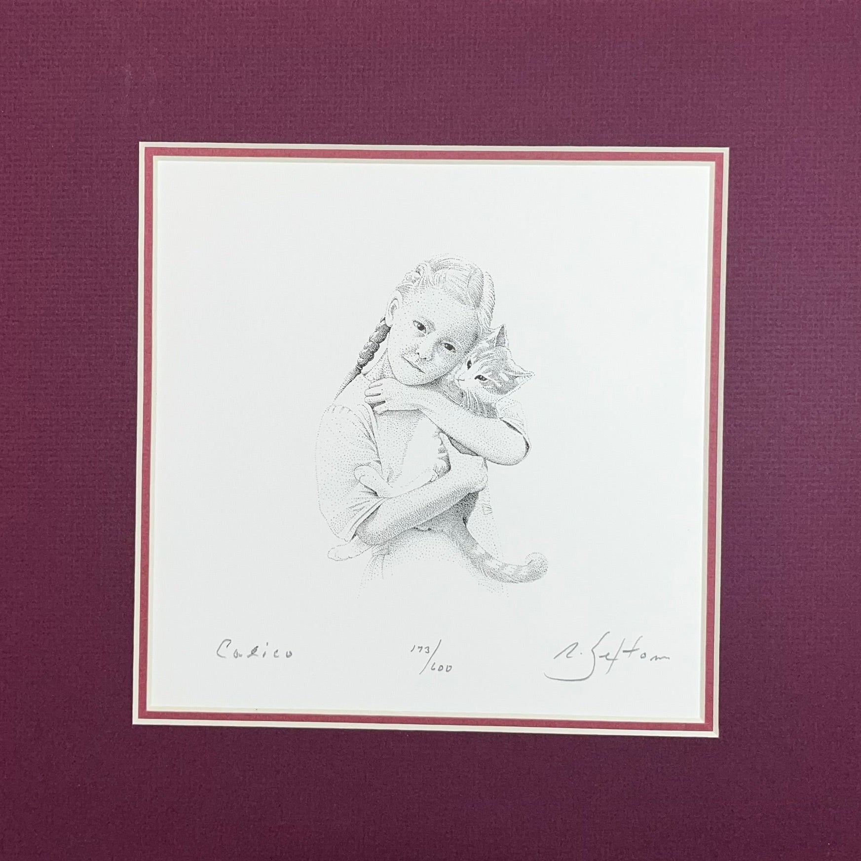 Black and white illustration of a child with a cat in her hand