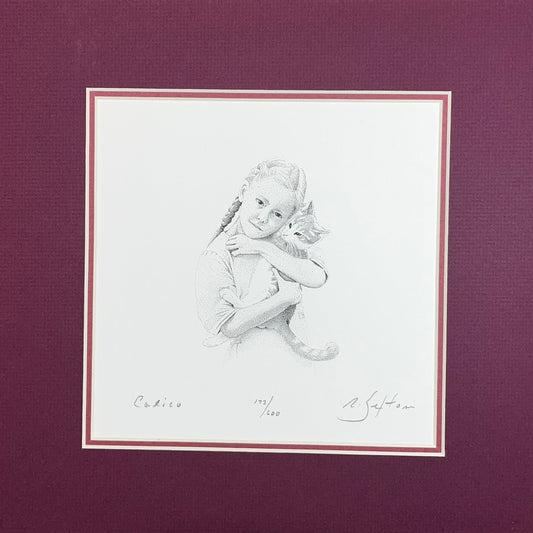 Black and white illustration of a child with a cat in her hand