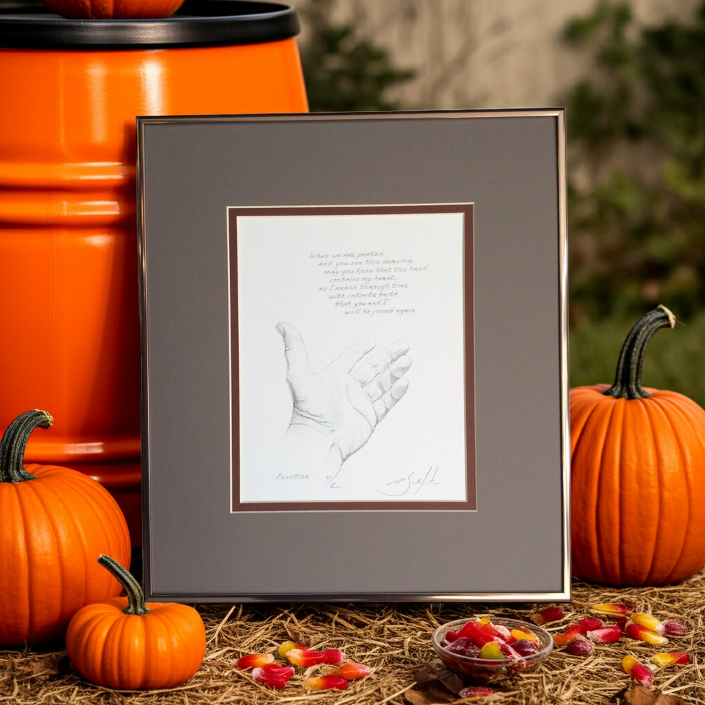 Framed artwork with a handprint design surrounded by pumpkins and hay.