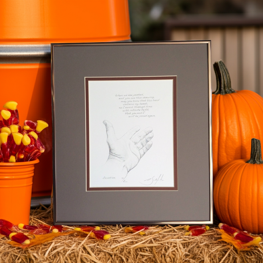 Framed artwork in a decorative setting with pumpkins and fall decorations.