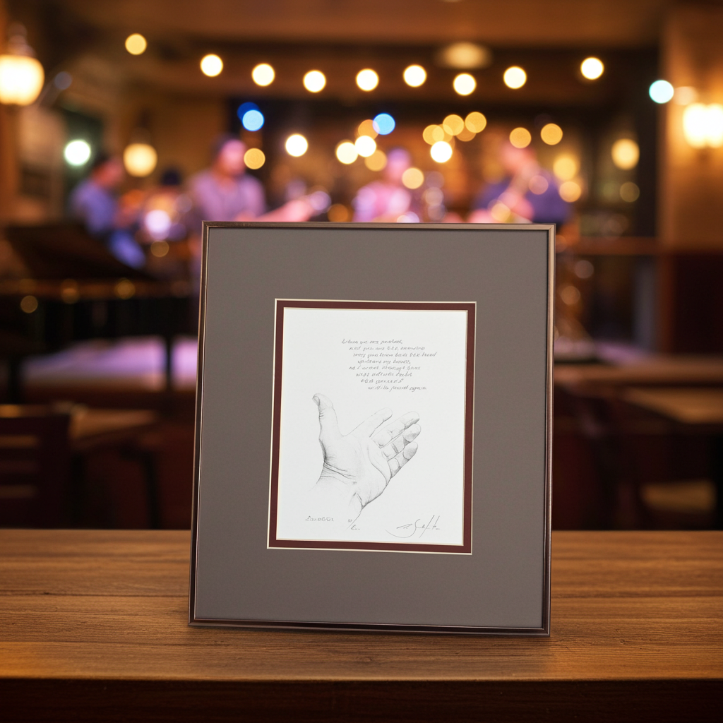 Framed artwork of a handprint on a table with a blurred background of people and lights.