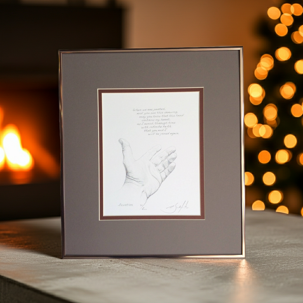 Framed artwork of a handprint on a table with a warm, blurred background