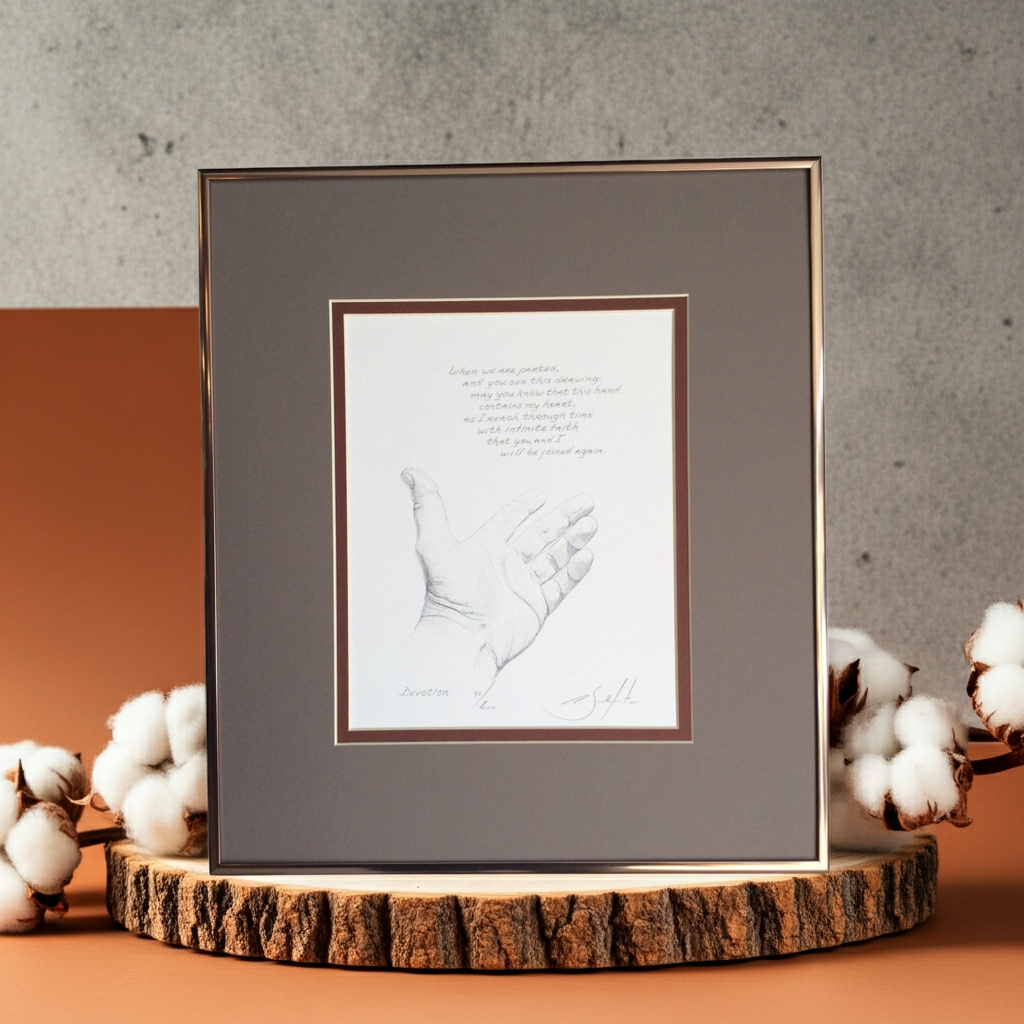 Framed artwork of a handprint on a wooden stand with cotton decorations.