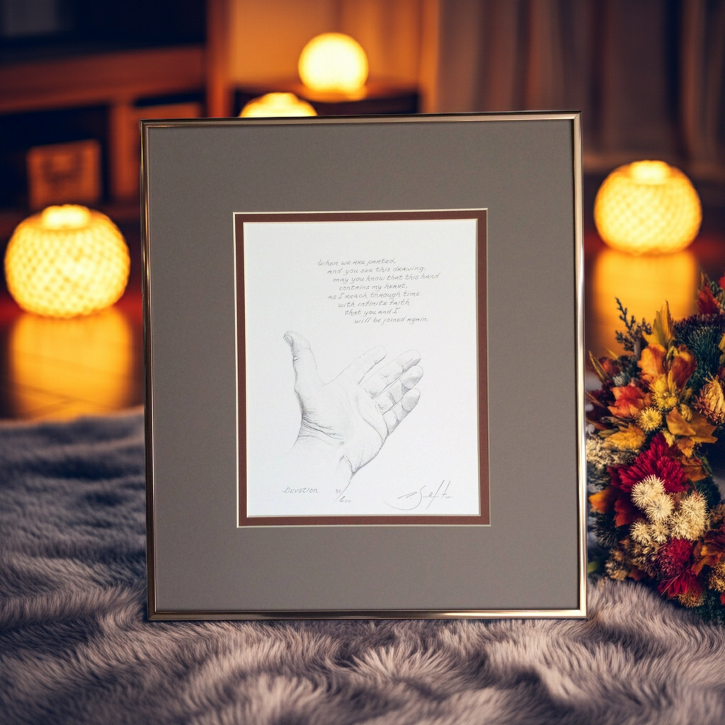 Framed artwork of a handprint on a soft surface with warm lighting