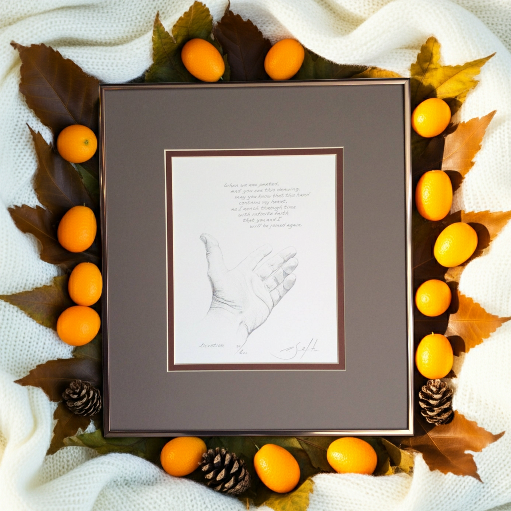 Framed artwork of a handprint with decorative fruits and leaves on a textured surface