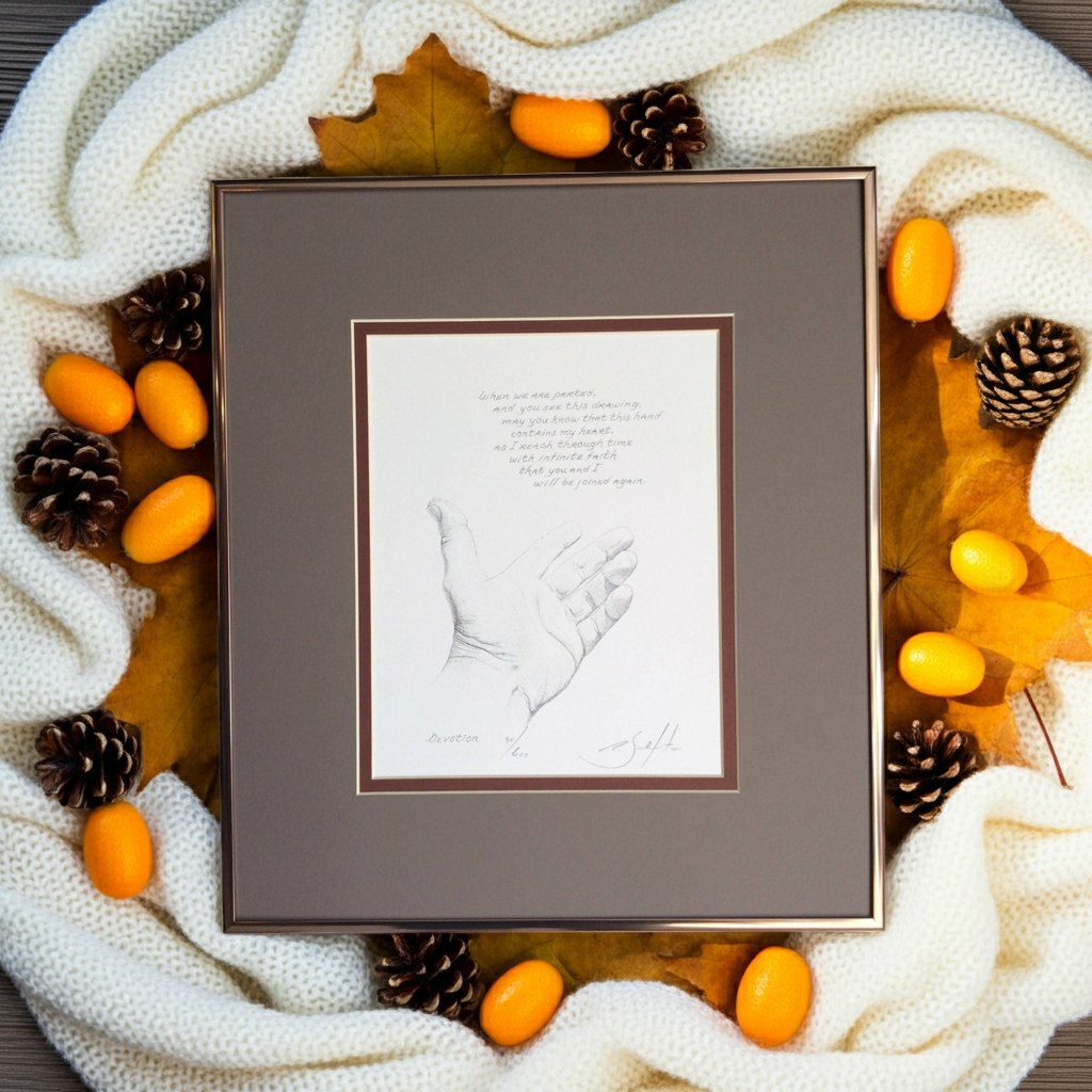 Framed artwork of a handprint surrounded by autumn decorations on a textured fabric background