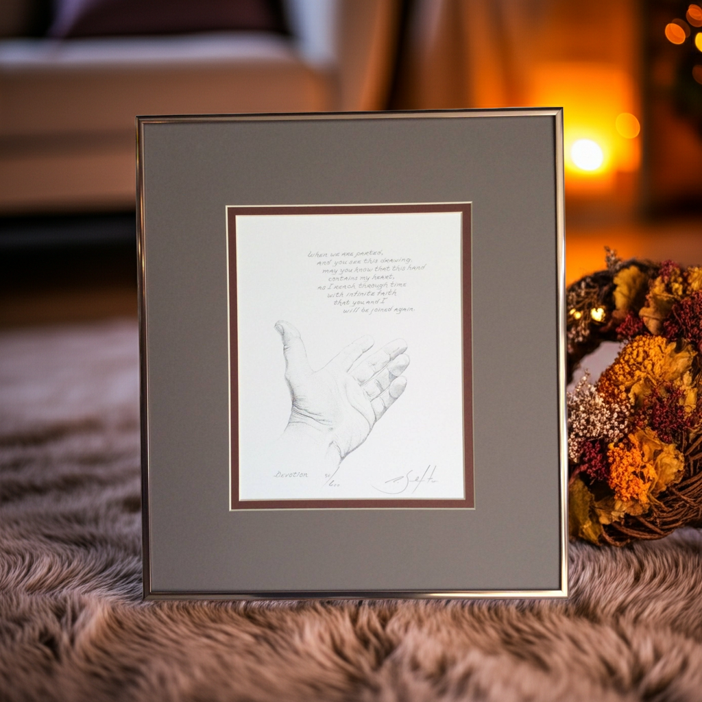Framed artwork of a handprint on a textured surface with a blurred background