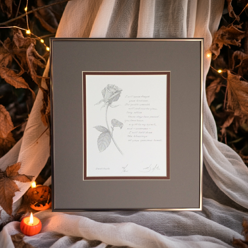 Framed artwork with a rose illustration and poem surrounded by decorative elements like candles and fabric.