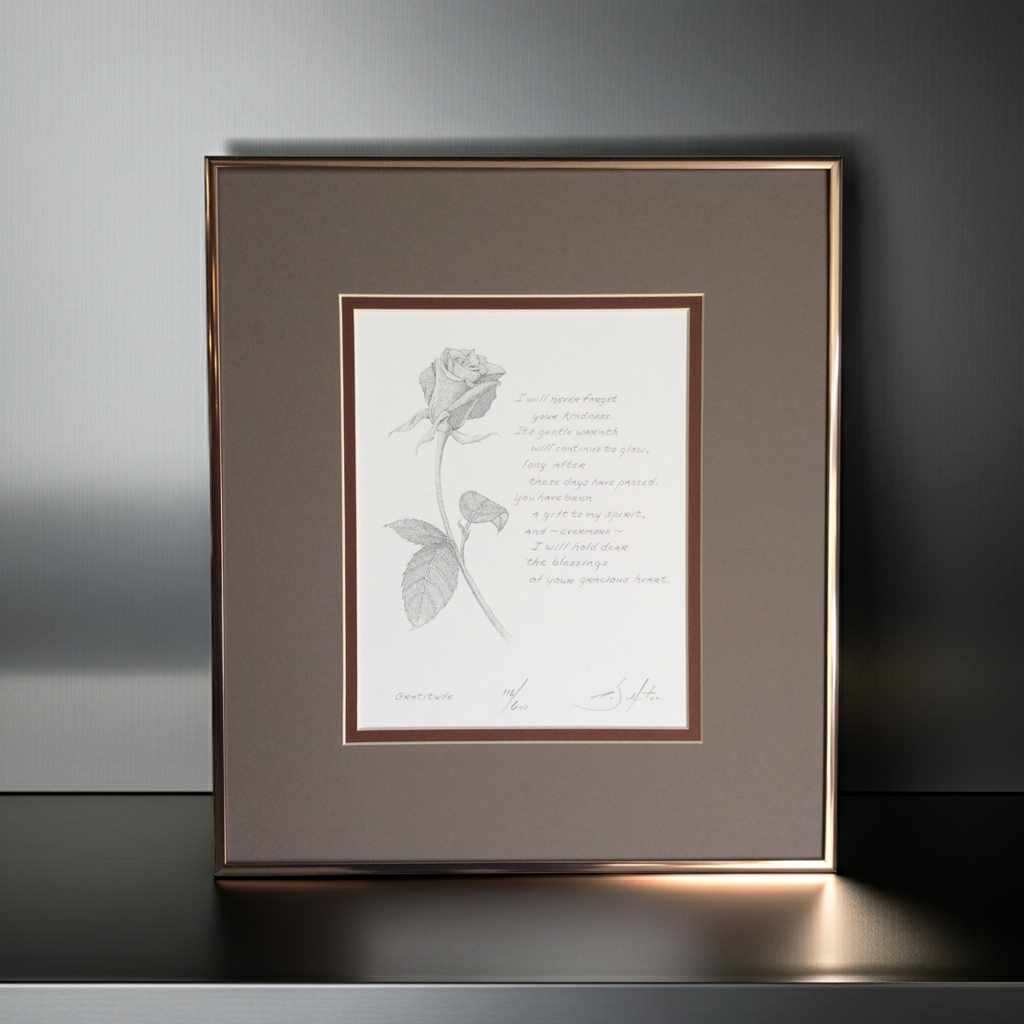 Framed artwork with a rose illustration and poem on a dark surface.