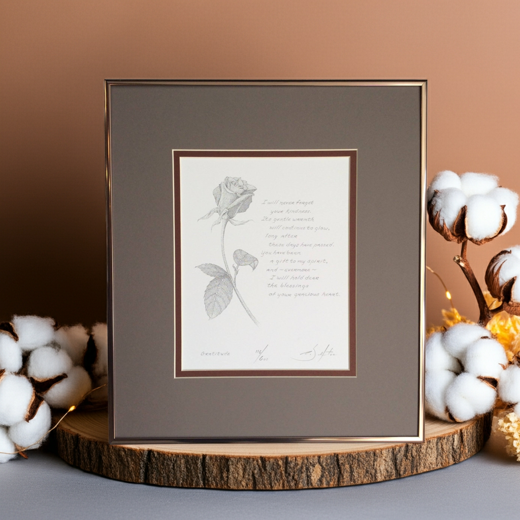 Framed artwork with a rose illustration and poem on a wooden stand with decorative elements.