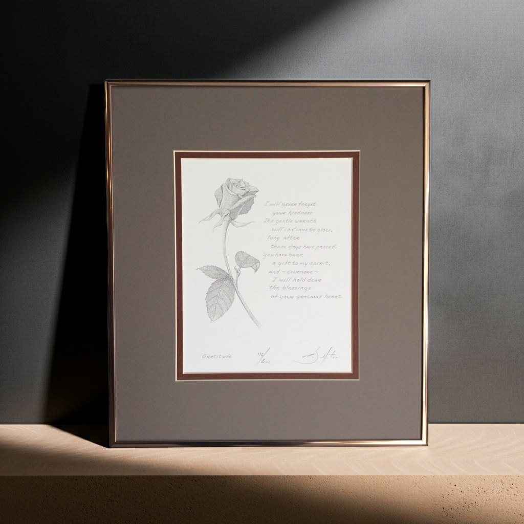 Framed artwork with a rose illustration and poem on a dark surface
