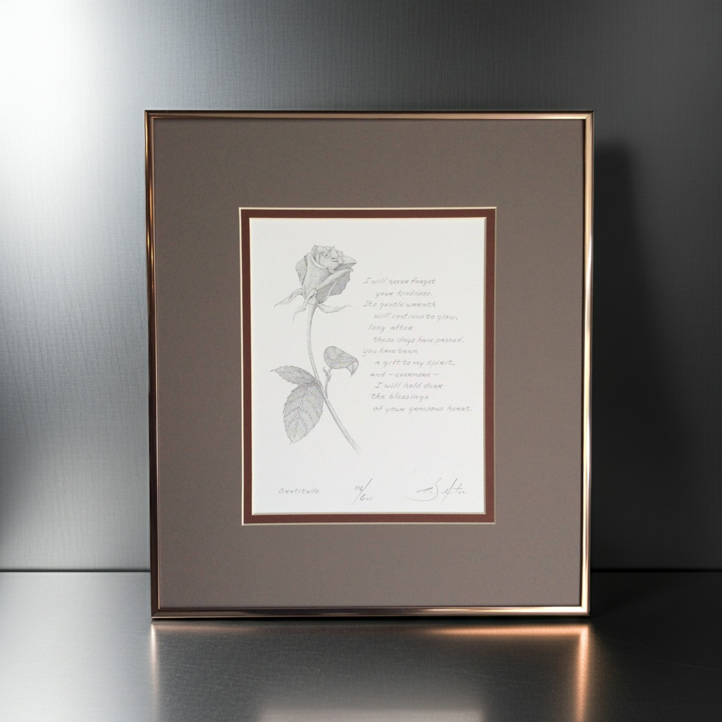 Framed artwork with a rose illustration and poem on a reflective surface.