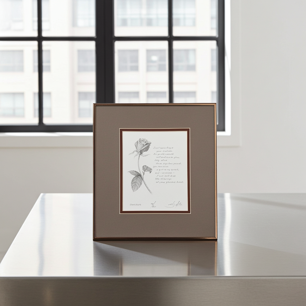 Framed artwork with a rose and poem on a reflective surface with a window in the background