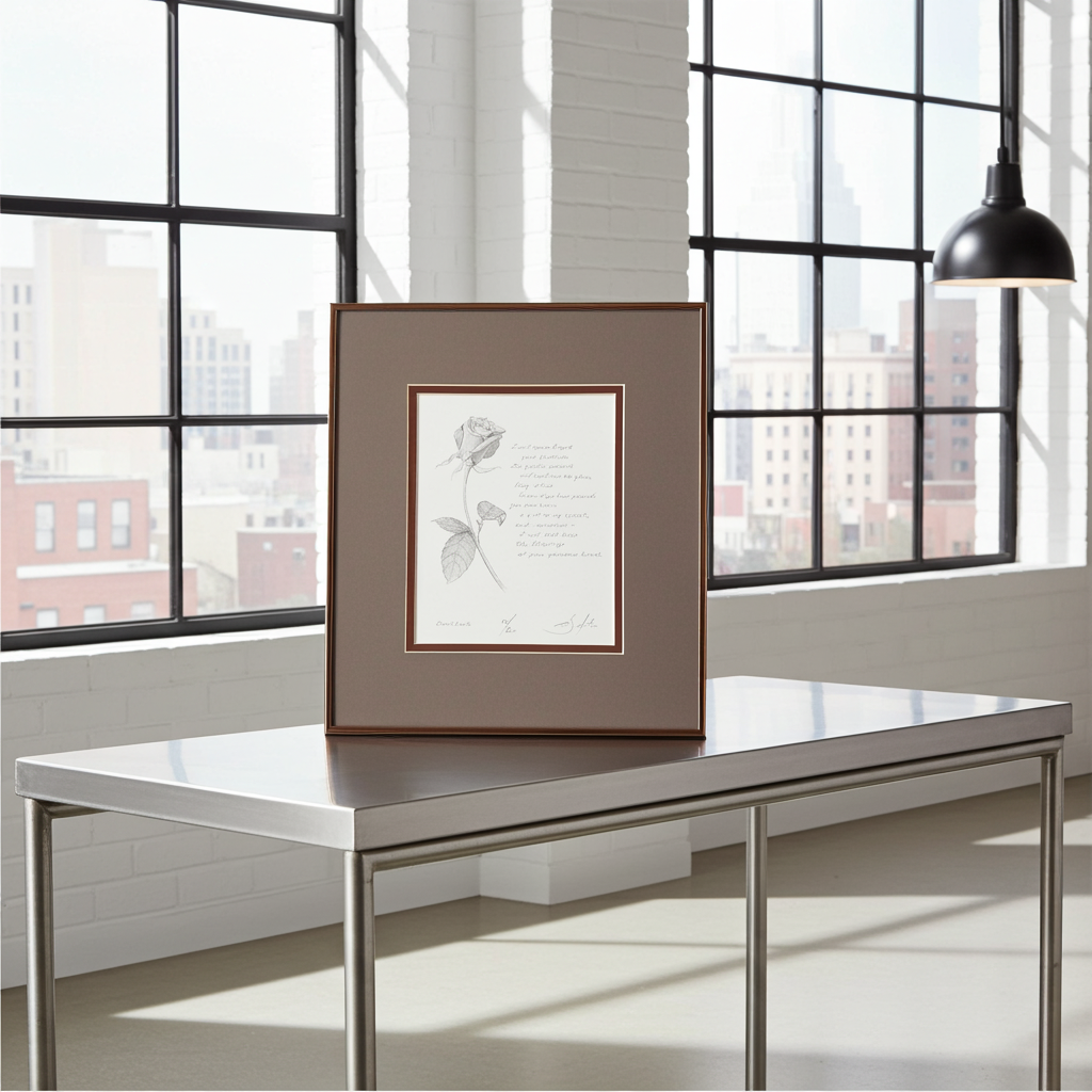 Framed artwork on a table with large windows in the background