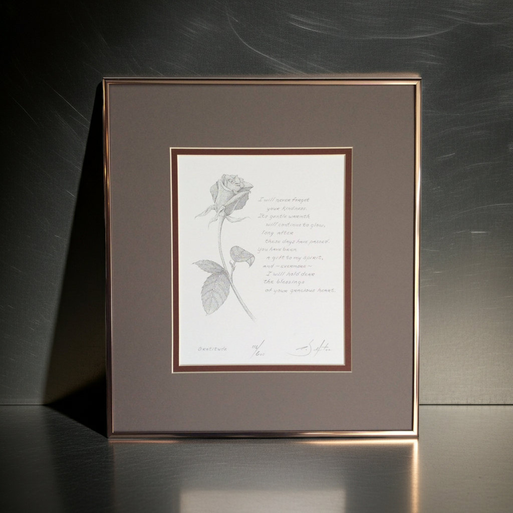 Framed artwork with a rose illustration and poem on a dark surface