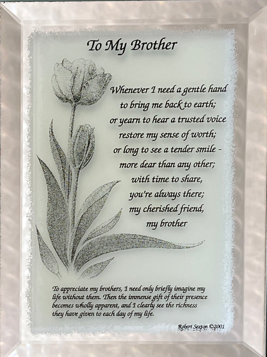 Framed glass with a tulip design and engraved quote 'To My Brother' on a light background.