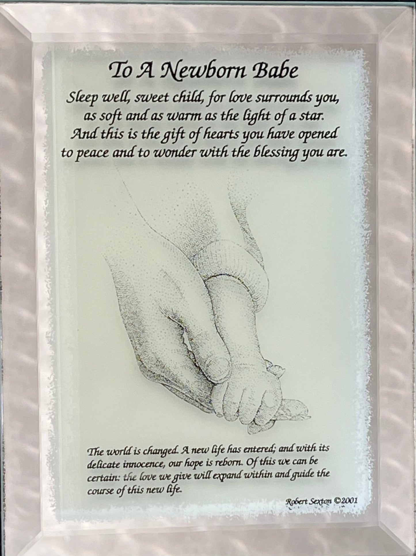 Framed artwork with a hand holding a baby's hand and a poem about a newborn babe.