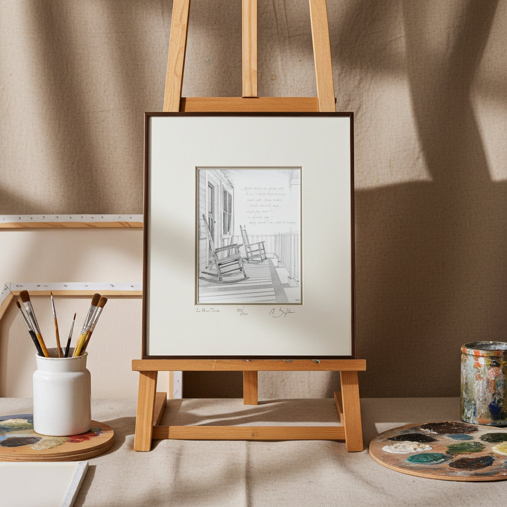 Framed black and white print of a porch scene with rocking chairs  on a wooden easel with art supplies in the background.