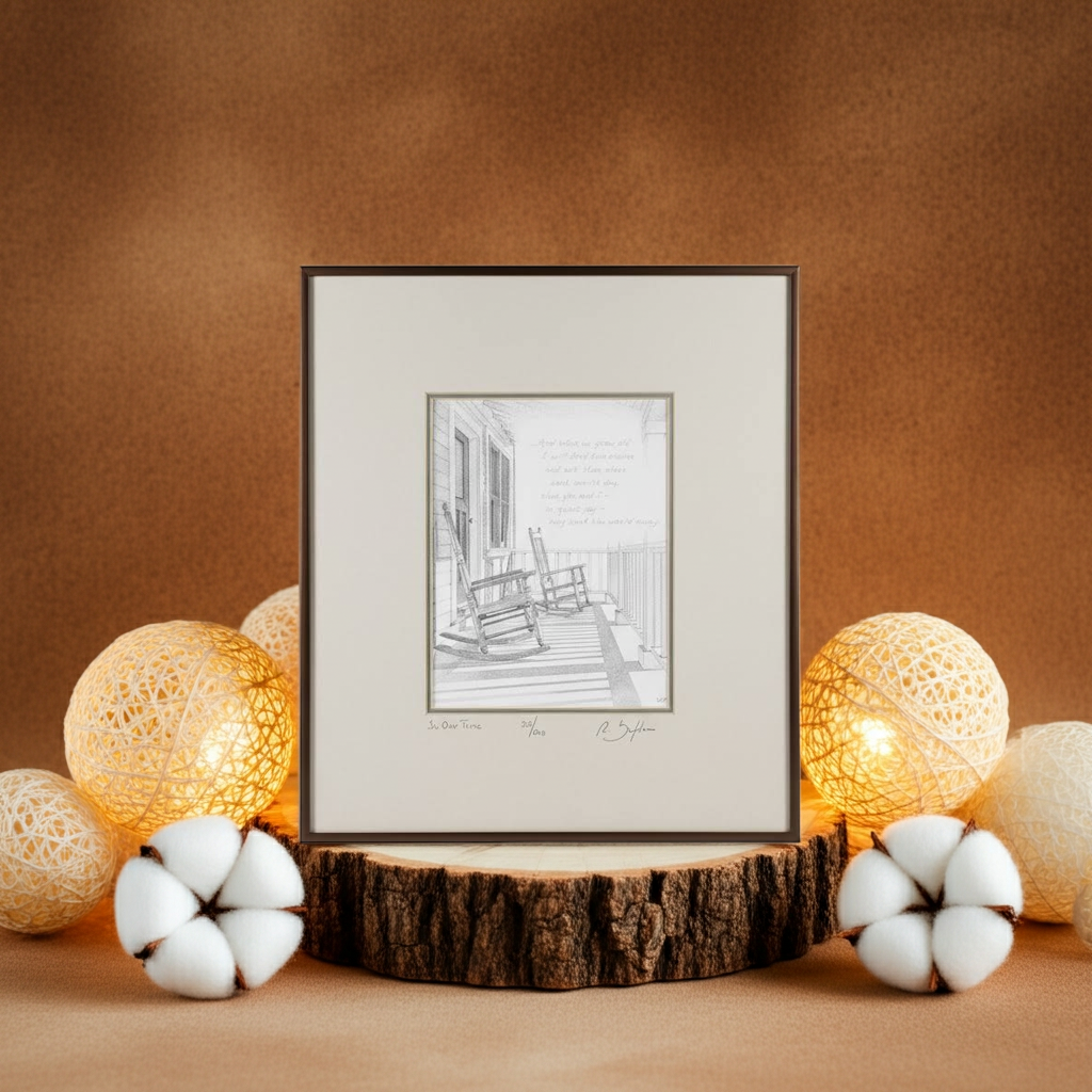 Framed black and white print of a porch scene with rocking chairs  on a wooden slice with decorative lights and cotton balls on a brown background