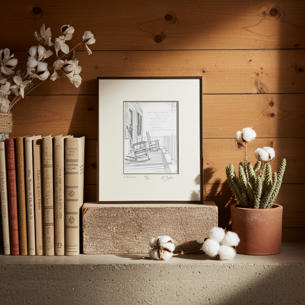 Framed black and white print of a porch scene with rocking chairs on a wooden shelf with books and decorative plants.