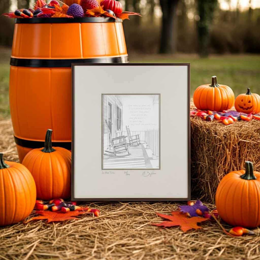 Framed black and white artwork of rocking chairs on hay with pumpkins and a barrel in an outdoor setting