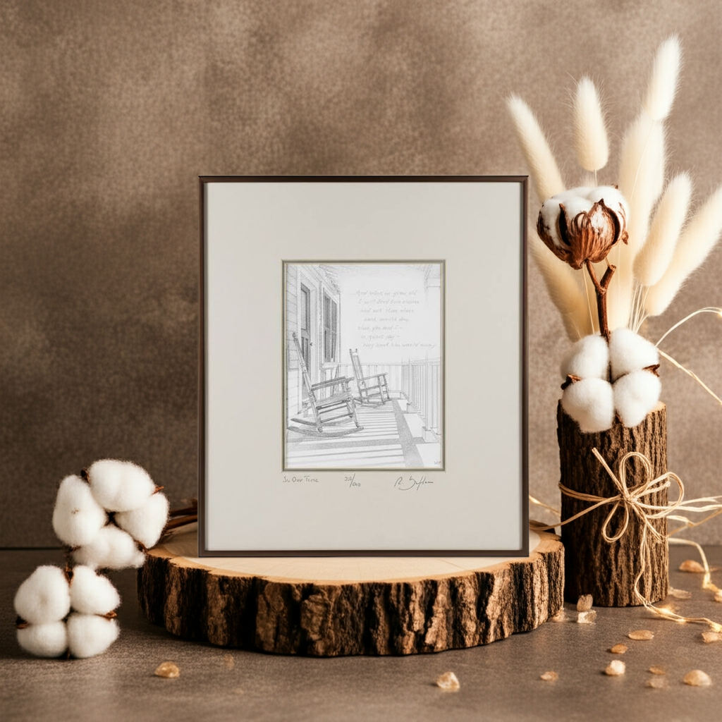 Framed black and white print of a porch scene with rocking chairs  on a wooden stand with cotton decorations
