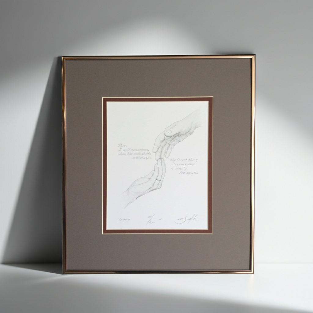 Framed artwork with a brown border on a gray background