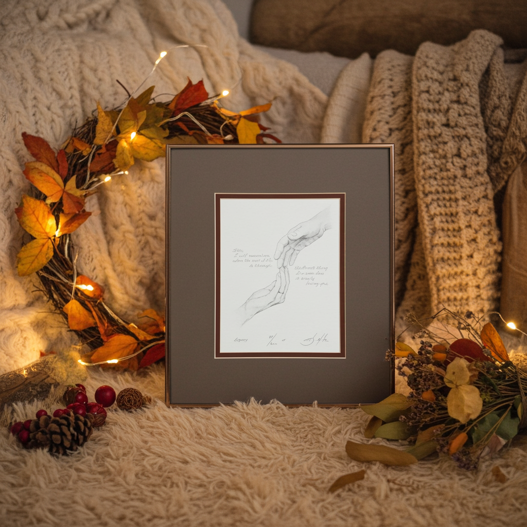 Framed artwork on a cozy surface with decorative wreath and leaves