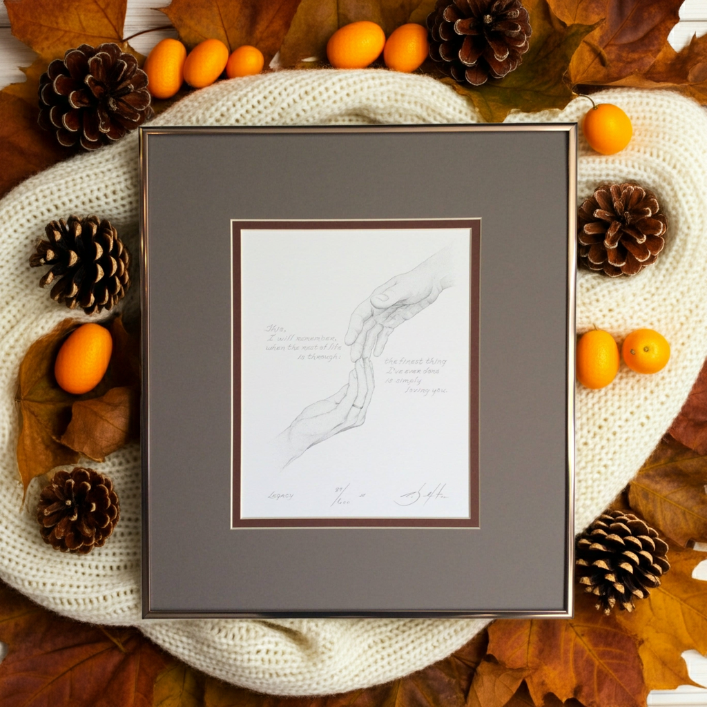 Framed artwork on a decorative surface with autumn elements