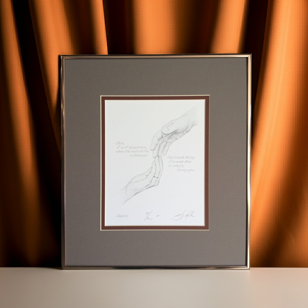 Framed artwork with a brown border against an orange curtain background