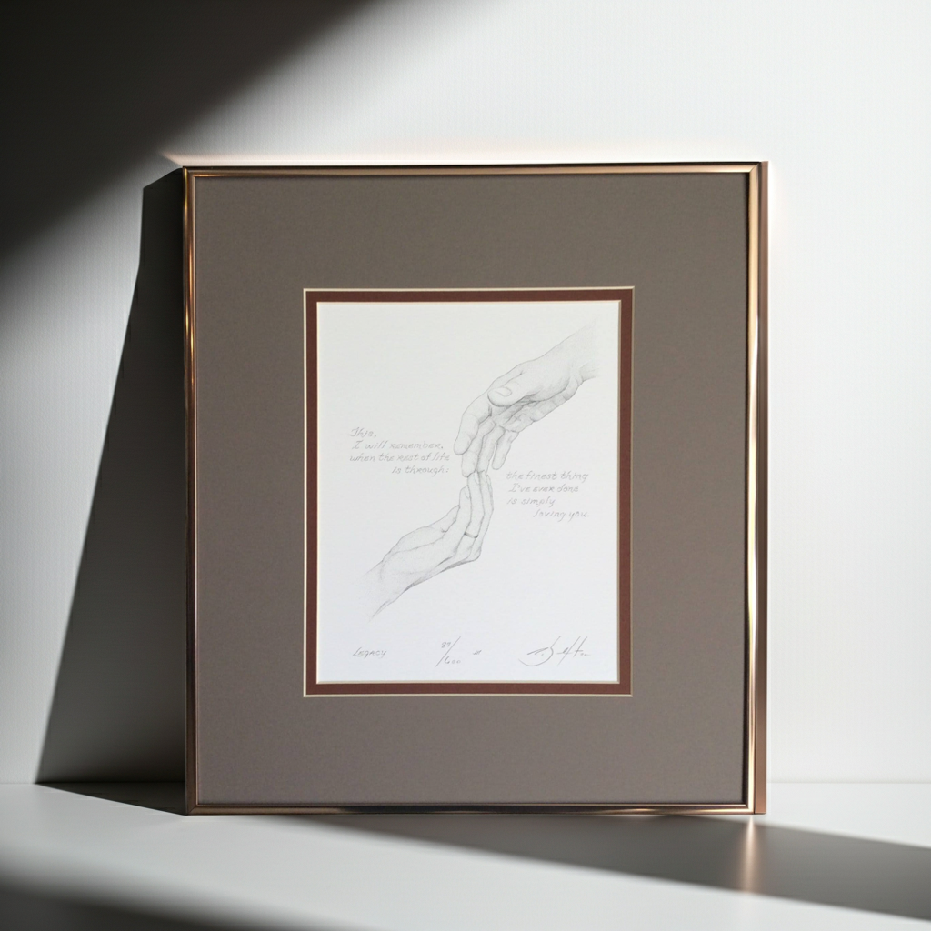 Framed artwork on a white surface with a neutral background