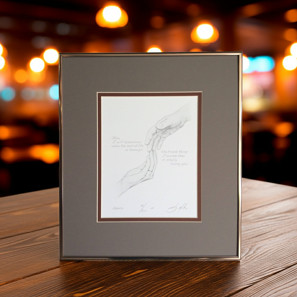 Framed artwork on a wooden surface with a blurred background