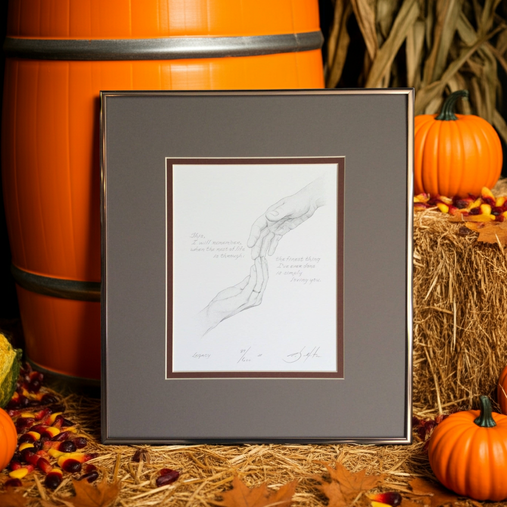 Framed artwork on a rustic background with pumpkins and hay.