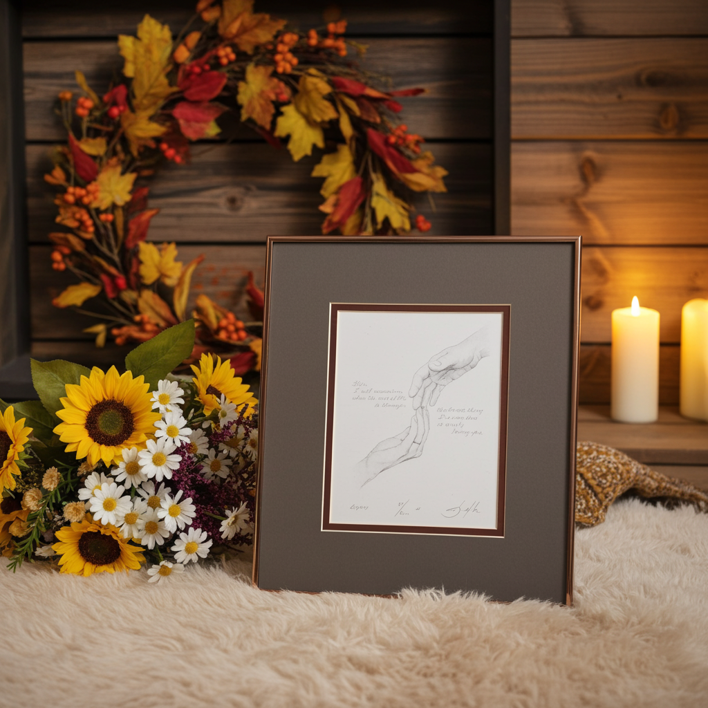 Framed artwork on a soft surface with autumn decorations and candles in the background