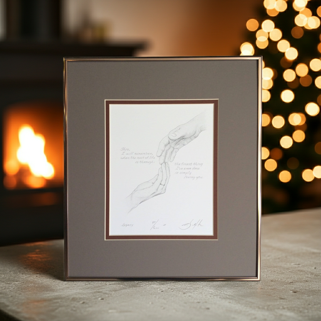 Framed artwork on a table with a fireplace and Christmas lights in the background