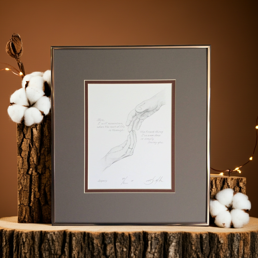 Framed artwork on a wooden surface with cotton decorations