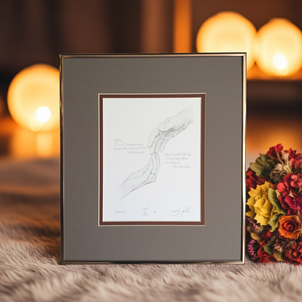 Framed artwork with a blurred floral arrangement and warm lights in the background
