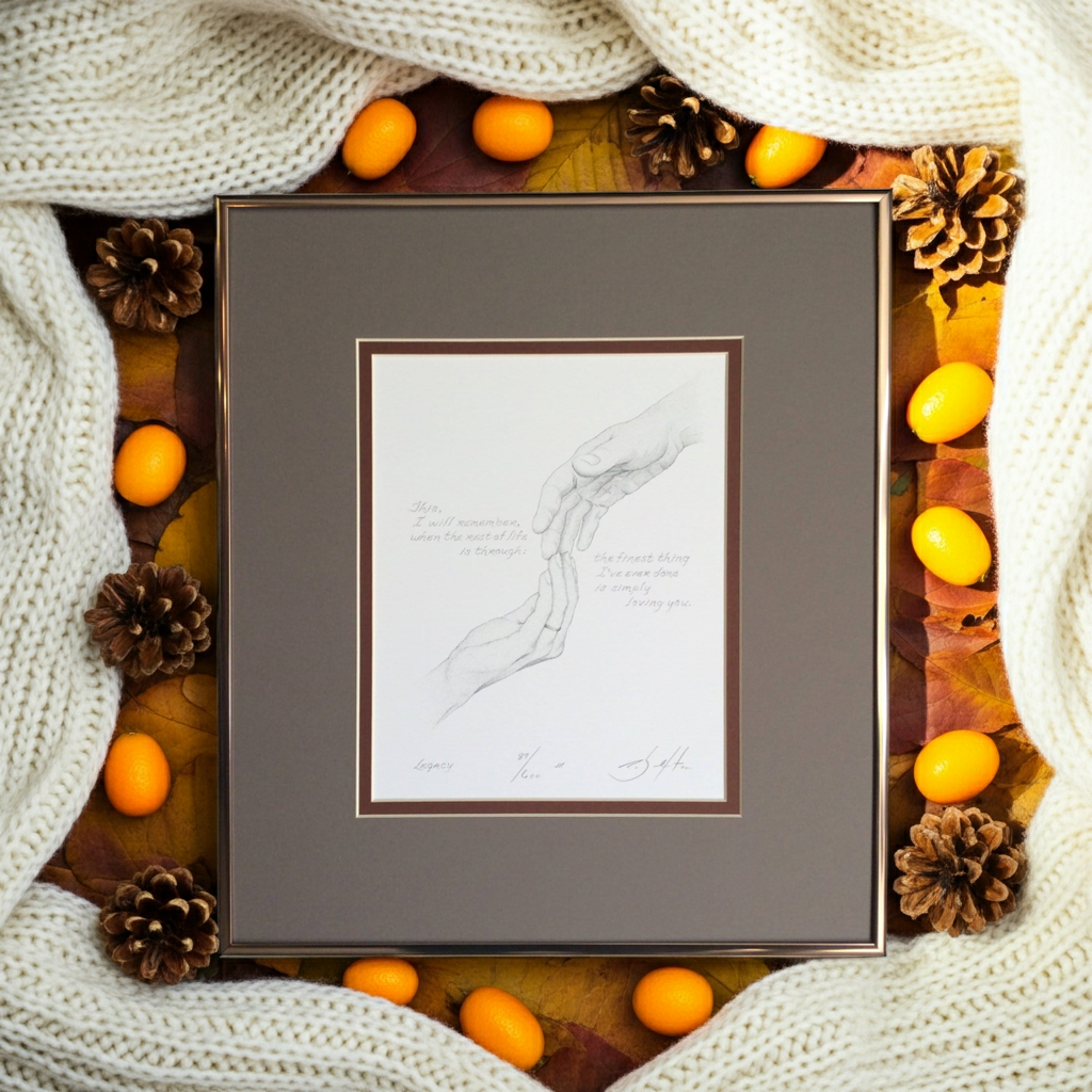 Framed artwork with autumn decorations including oranges and pinecones on a knitted fabric background.