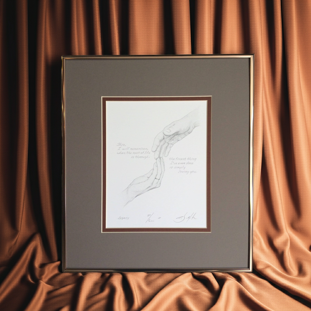 Framed artwork on a brown curtain background