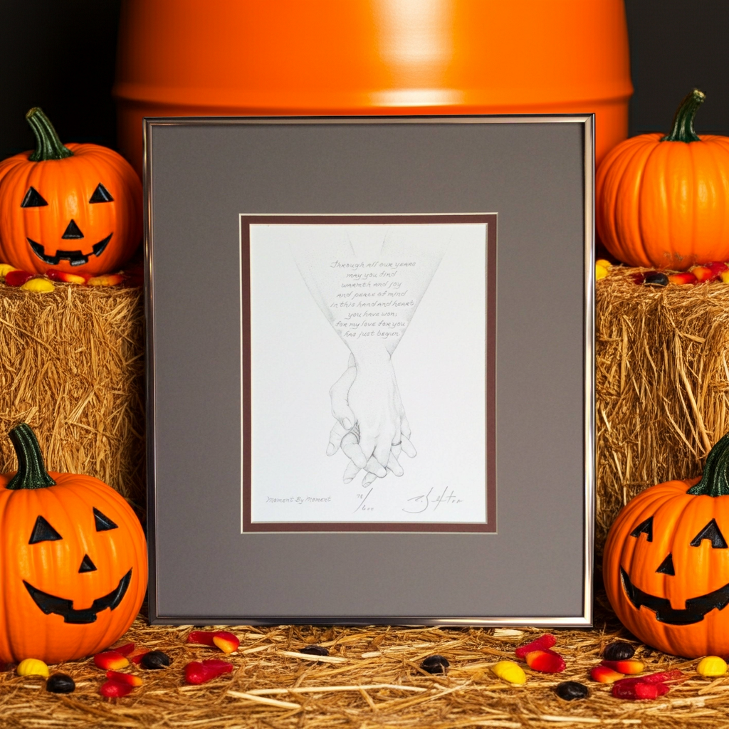 Framed artwork of holding hands with pumpkins and hay bales on a dark background holding hands
