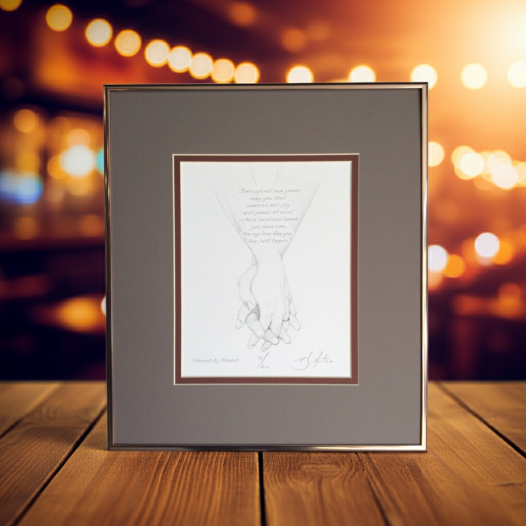 Framed artwork of holding hands  on a wooden surface with a blurred bokeh background