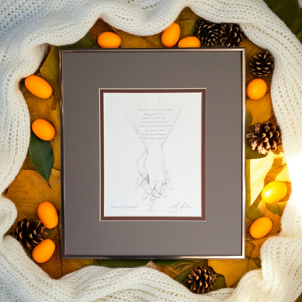 Framed artwork of holding hands surrounded by autumn decorations including oranges, pine cones, and leaves.