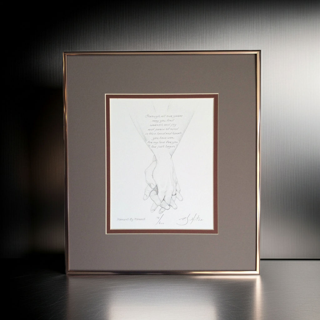 Framed artwork of holding hands on a reflective surface with a dark background