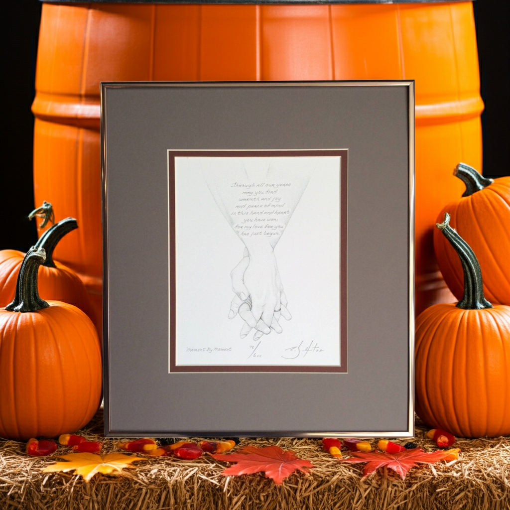 Framed artwork of holding hands  with pumpkins and autumn leaves on a dark background